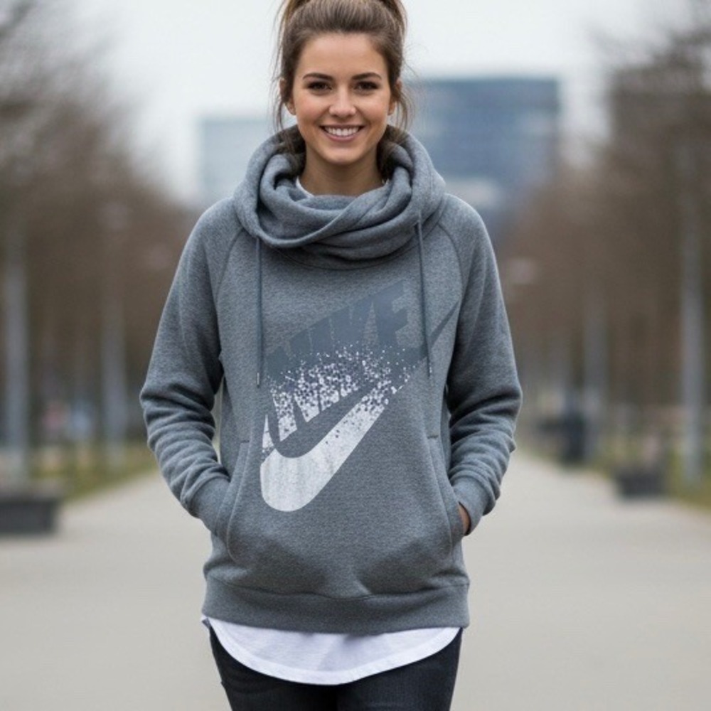 Nike Gray Funnel Neck Pullover Hoodie with White Swoosh